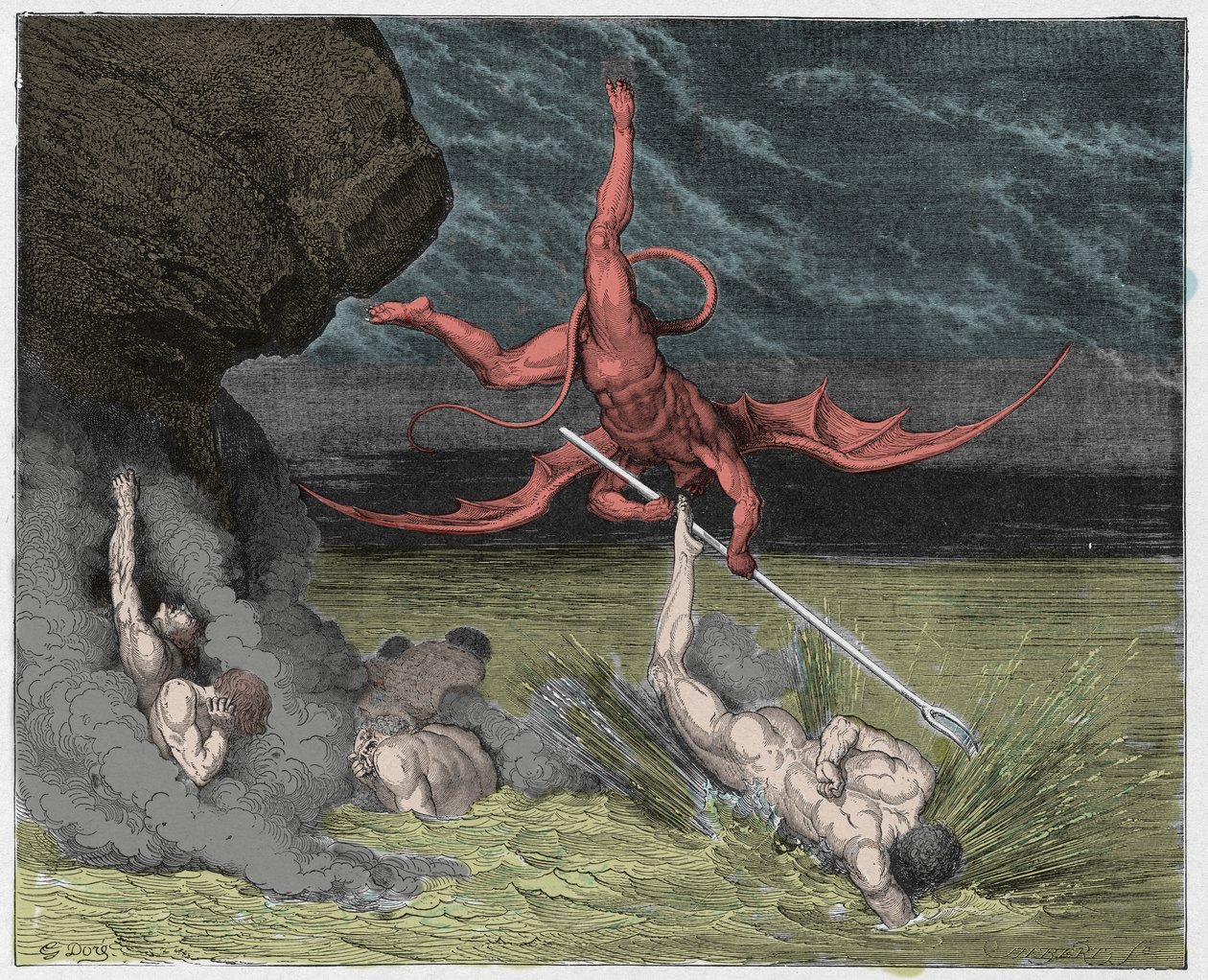 Inferno, Canto 22: Ciampolo uniká démonu Alichino v páté Bolgii, ilustrace z Božské komedie od Dante Alighieriho, 1885 (digitálně kolorovaná rytina) od Gustave after Dore