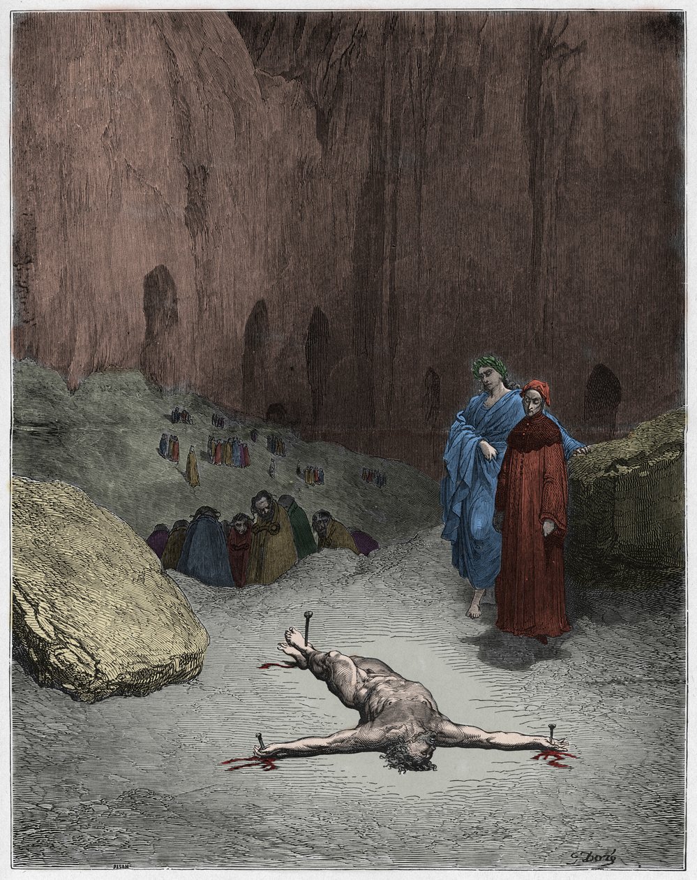 Inferno, Canto 23: Ukřižovaný farizeus mezi pokrytci, ilustrace z Božské komedie od Dante Alighieriho, 1885 (digitálně kolorovaná rytina) od Gustave after Dore