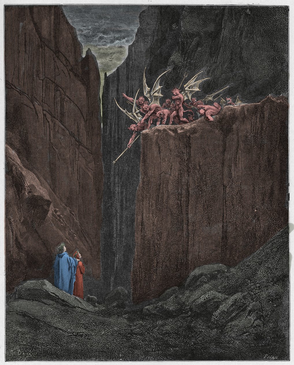 Inferno, Canto 23: Básníci unikají démonům páté bolgie, ilustrace z Božské komedie od Dante Alighieriho, 1885 (digitálně kolorovaná rytina) od Gustave after Dore