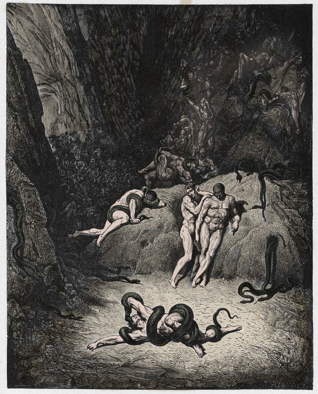 Inferno, Canto 25: Agnello proměňující se v hada, ilustrace z Božské komedie od Dante Alighieriho, 1885 (digitálně kolorovaná rytina) od Gustave after Dore