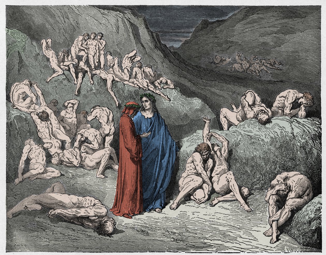 Inferno, Canto 29: Falzifikátoři a padělatelé sužovaní svěděním, ilustrace z Božské komedie od Dante Alighieriho, 1885 (digitálně kolorovaná rytina) od Gustave after Dore