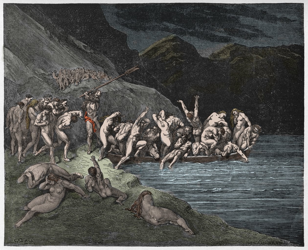 Inferno, Canto 3: Duše odsouzené k překročení Acheronu, ilustrace z Božské komedie od Dante Alighieriho, 1885 (digitálně kolorovaná rytina) od Gustave after Dore