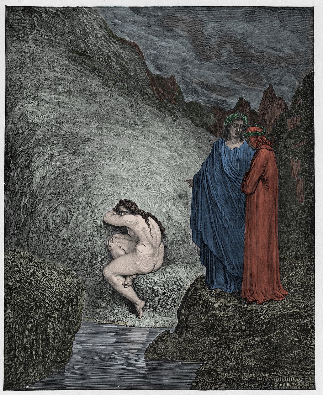 Inferno, Canto 30: Myrrha, odsouzená za incest, ilustrace z Božské komedie od Dante Alighieriho, 1885 (digitálně kolorovaná rytina) od Gustave after Dore