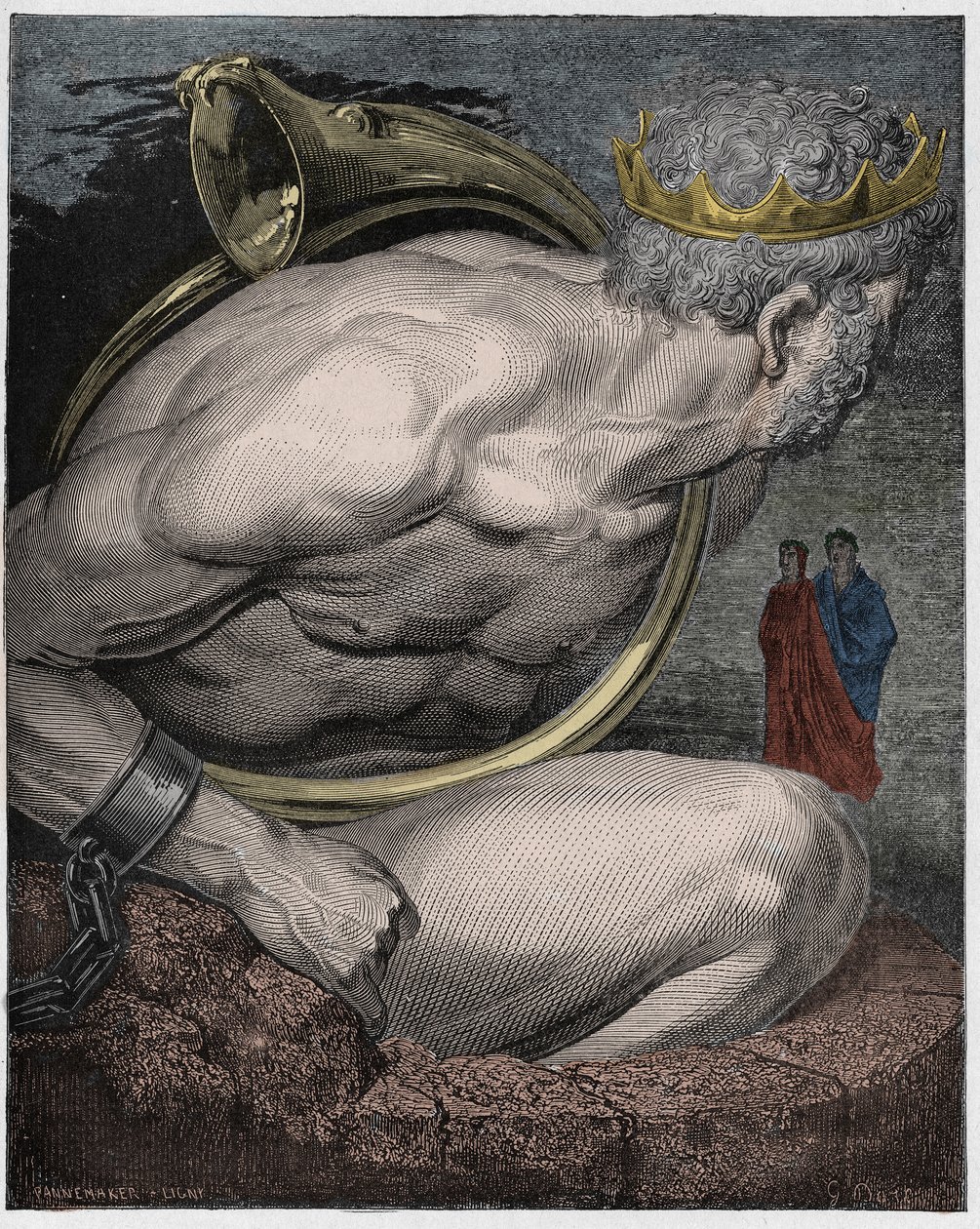 Inferno, Canto 31 : Nimrod z obrů (Nimrud, Nemrod), ilustrace z Božské komedie Dante Alighieriho, 1885 (digitálně kolorovaná rytina) od Gustave after Dore