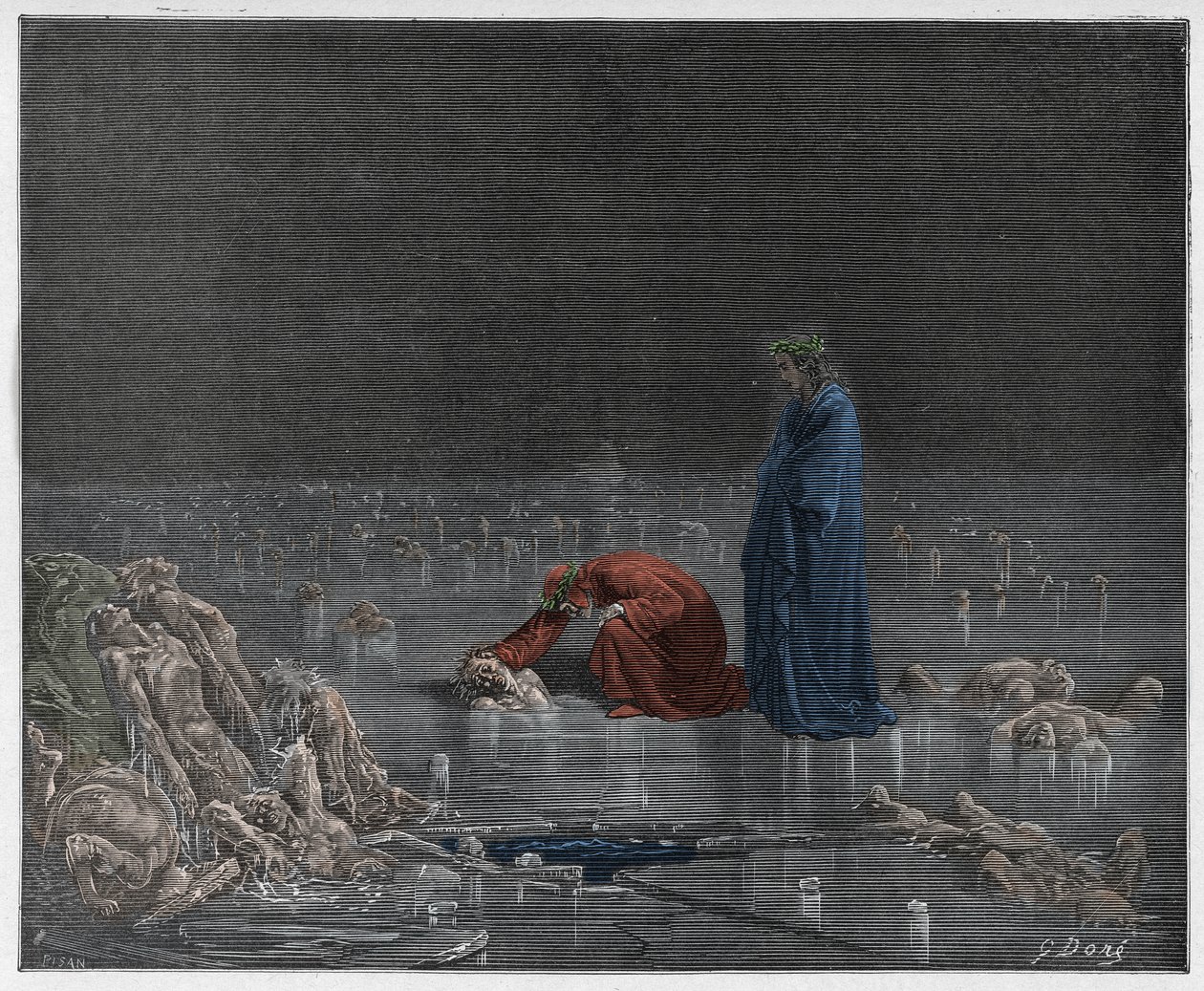 Inferno, Canto 32: Dante oslovuje zrádce Bocca degli Abati, ilustrace z Božské komedie od Dante Alighieriho, 1885 (digitálně kolorovaná rytina) od Gustave after Dore
