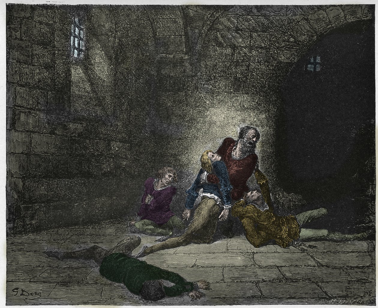 Inferno, Canto 33: Gaddo umírá před očima svého otce (Ugolin (Ugolino) della Gherardesca), ilustrace z Božské komedie od Dante Alighieriho, 1885 (digitálně kolorovaná rytina) od Gustave after Dore