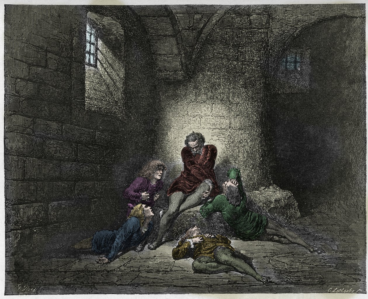 Inferno, Canto 33: Ugolino (Ugolin della Gherardesca) a jeho synové uvěznění a hladoví, ilustrace z Božské komedie od Dante Alighieriho, 1885 (digitálně kolorovaná rytina) od Gustave after Dore
