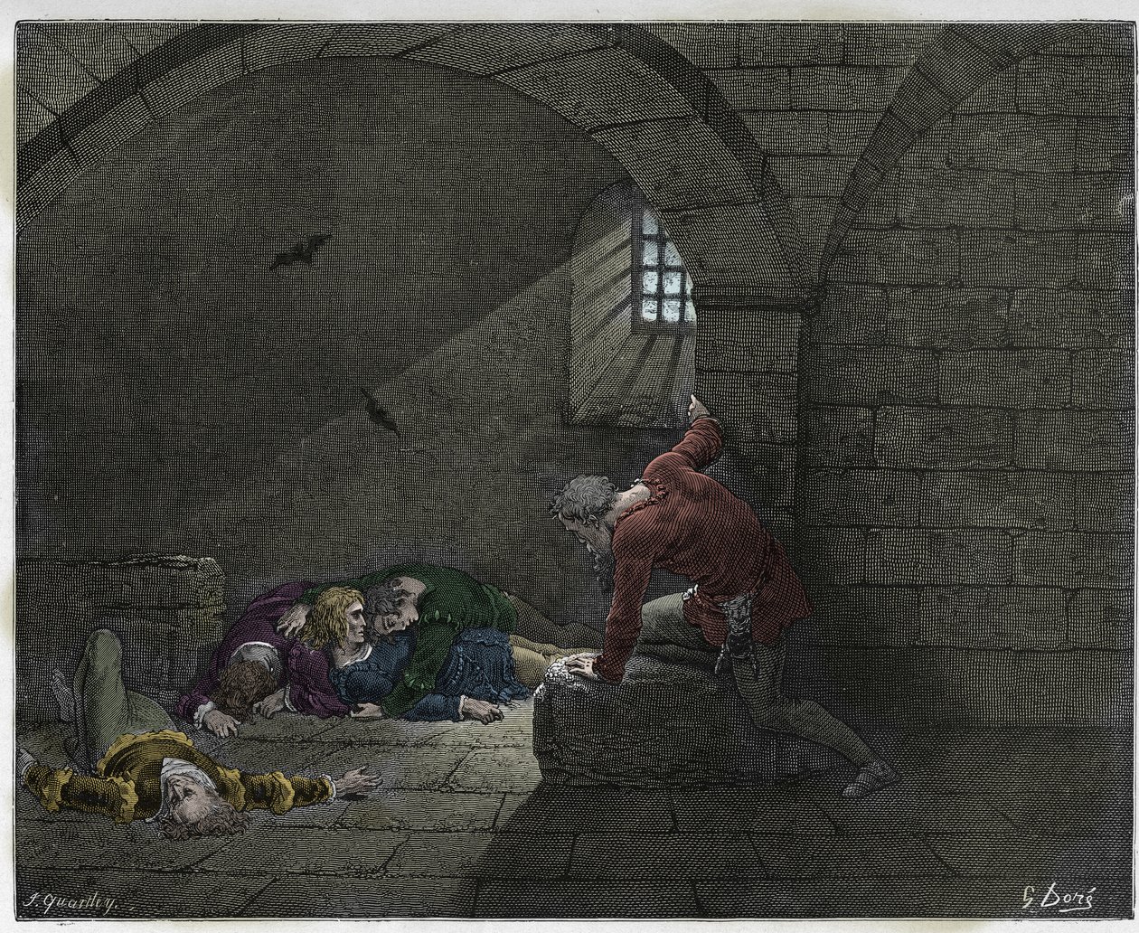 Inferno, Canto 33: Ugolino (Ugolin della Gherardesca) v cele se svými čtyřmi mrtvými syny, ilustrace z Božské komedie od Dante Alighieriho, 1885 (digitálně kolorovaná rytina) od Gustave after Dore