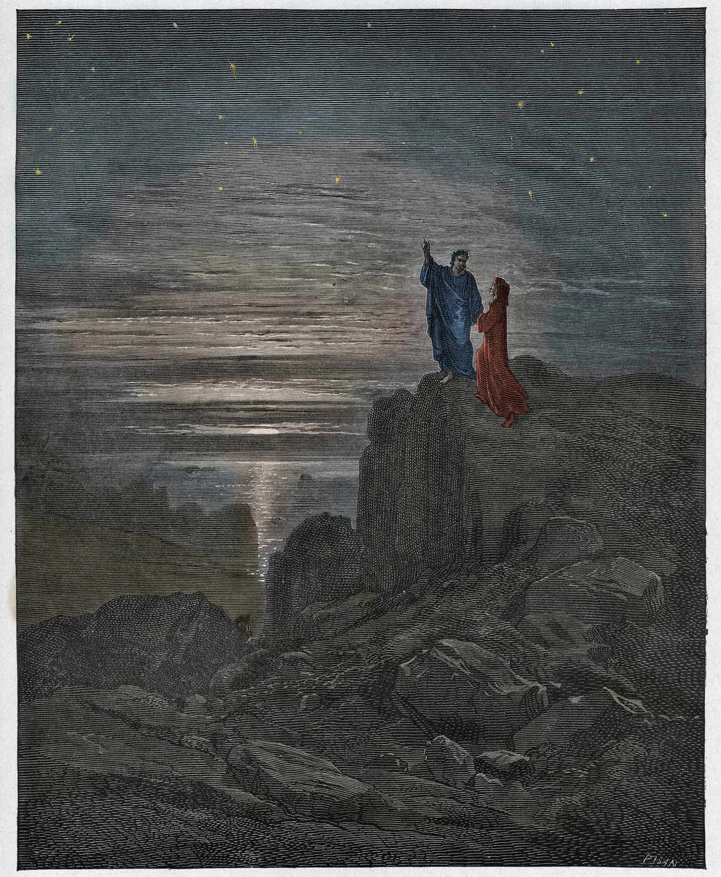 Inferno, Canto 34: Básníci vycházejí z pekla, ilustrace z Božské komedie od Dante Alighieriho, 1885 (digitálně kolorovaná rytina) od Gustave after Dore