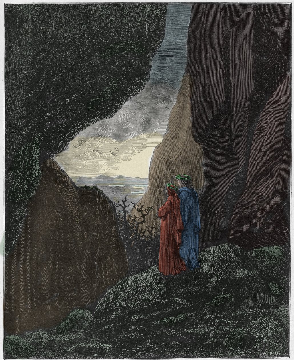 Inferno, Canto 34: Virgil a Dante stoupají do horního světa, ilustrace z Božské komedie od Dante Alighieriho, 1885 (digitálně kolorovaná rytina) od Gustave after Dore