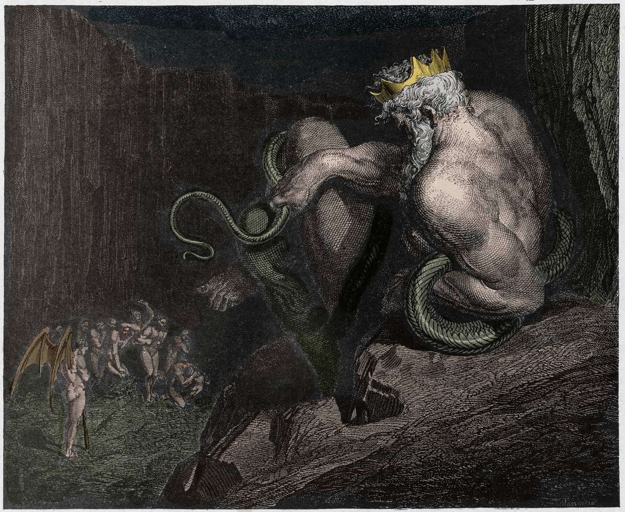 Inferno, Canto 5: Minos soudí provinění a posílá duše, ilustrace z Božské komedie od Dante Alighieriho, 1885 (digitálně kolorovaná rytina) od Gustave after Dore