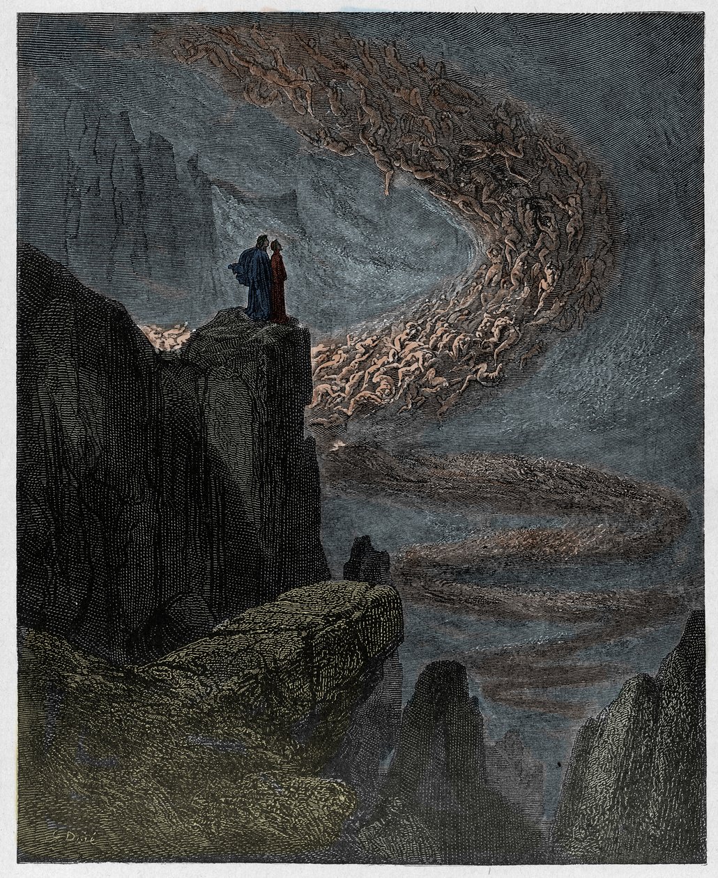 Inferno, Canto 5: Minos soudí provinění a posílá duše, ilustrace z Božské komedie od Dante Alighieriho, 1885 (digitálně kolorovaná rytina) od Gustave after Dore