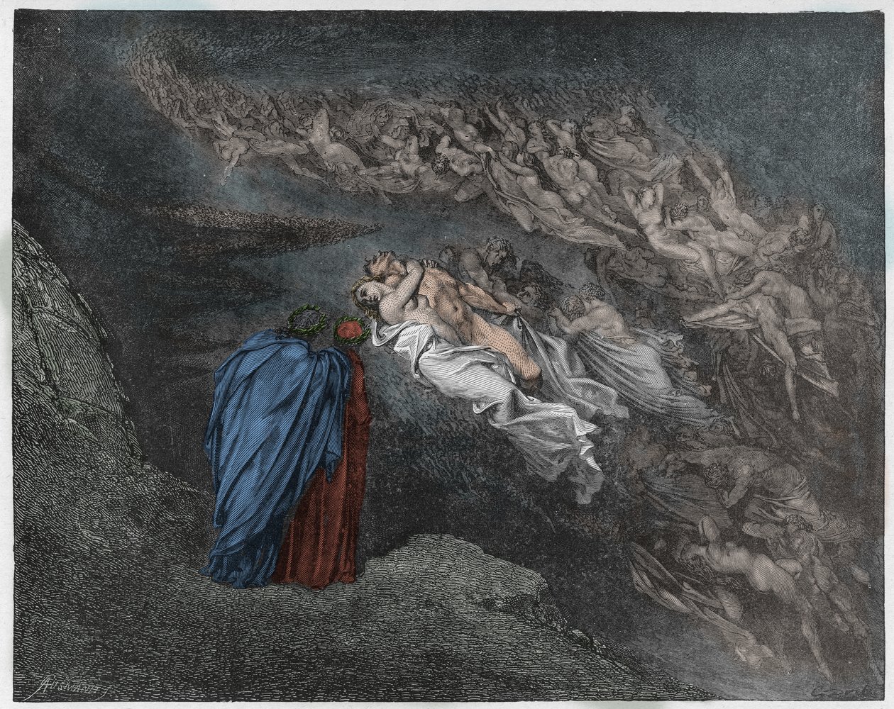 Inferno, Canto 5: Duše Francescy Da Rimini mluví s Dantem, ilustrace z Božské komedie od Dante Alighieriho, 1885 (digitálně kolorovaná rytina) od Gustave after Dore