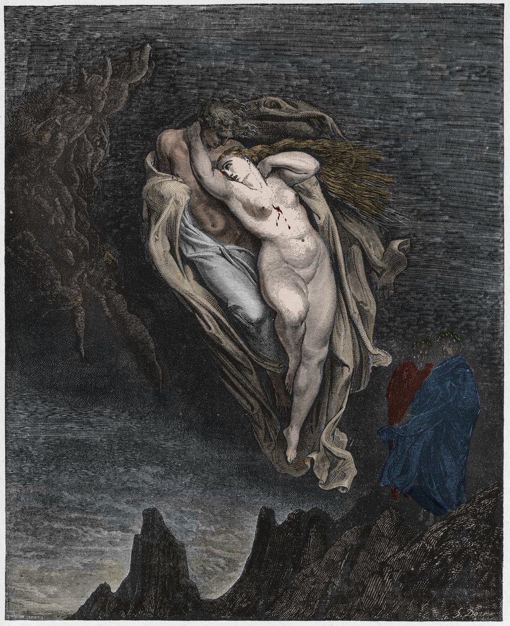 Inferno, Canto 5: The souls of Paolo and Francesca, ilustrace z Božské komedie od Dante Alighieriho, 1885 (digitálně kolorovaná rytina) od Gustave after Dore