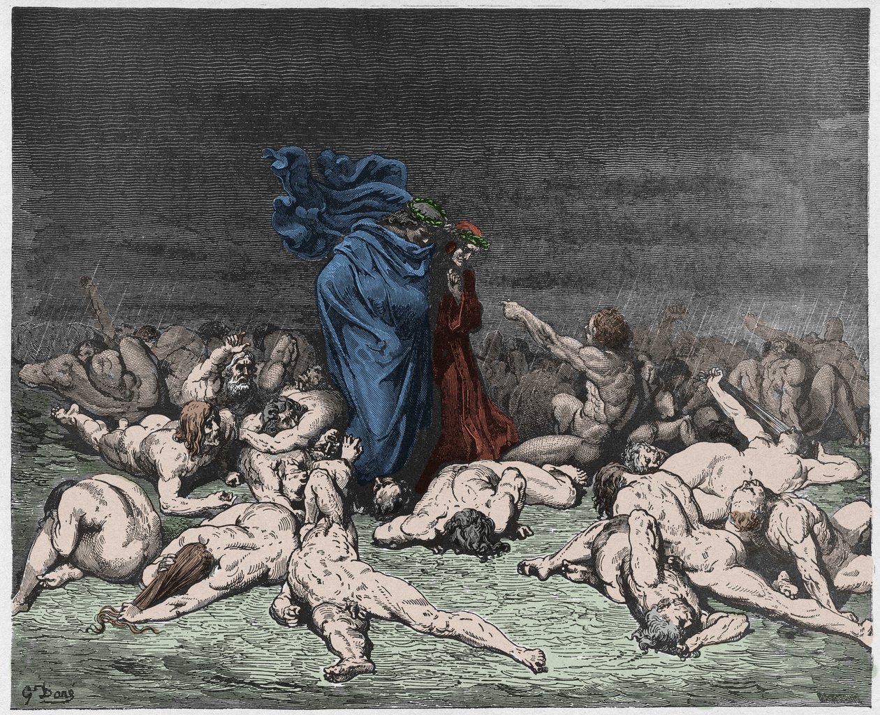 Inferno, Canto 6: The žrouti bití věčným deštěm, ilustrace z Božské komedie od Dante Alighieriho, 1885 (digitálně kolorovaná rytina) od Gustave after Dore