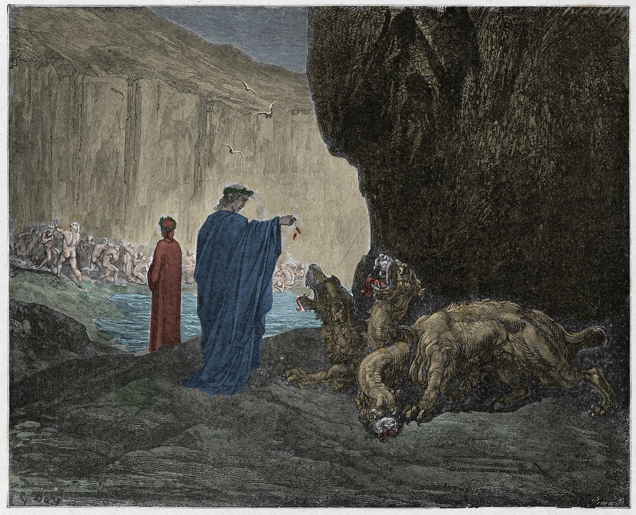 Inferno, Canto 6: Virgil krmí Cerbera (Cerbere) ve třetím kruhu, ilustrace z Božské komedie od Dante Alighieriho, 1885 (digitálně kolorovaná rytina) od Gustave after Dore