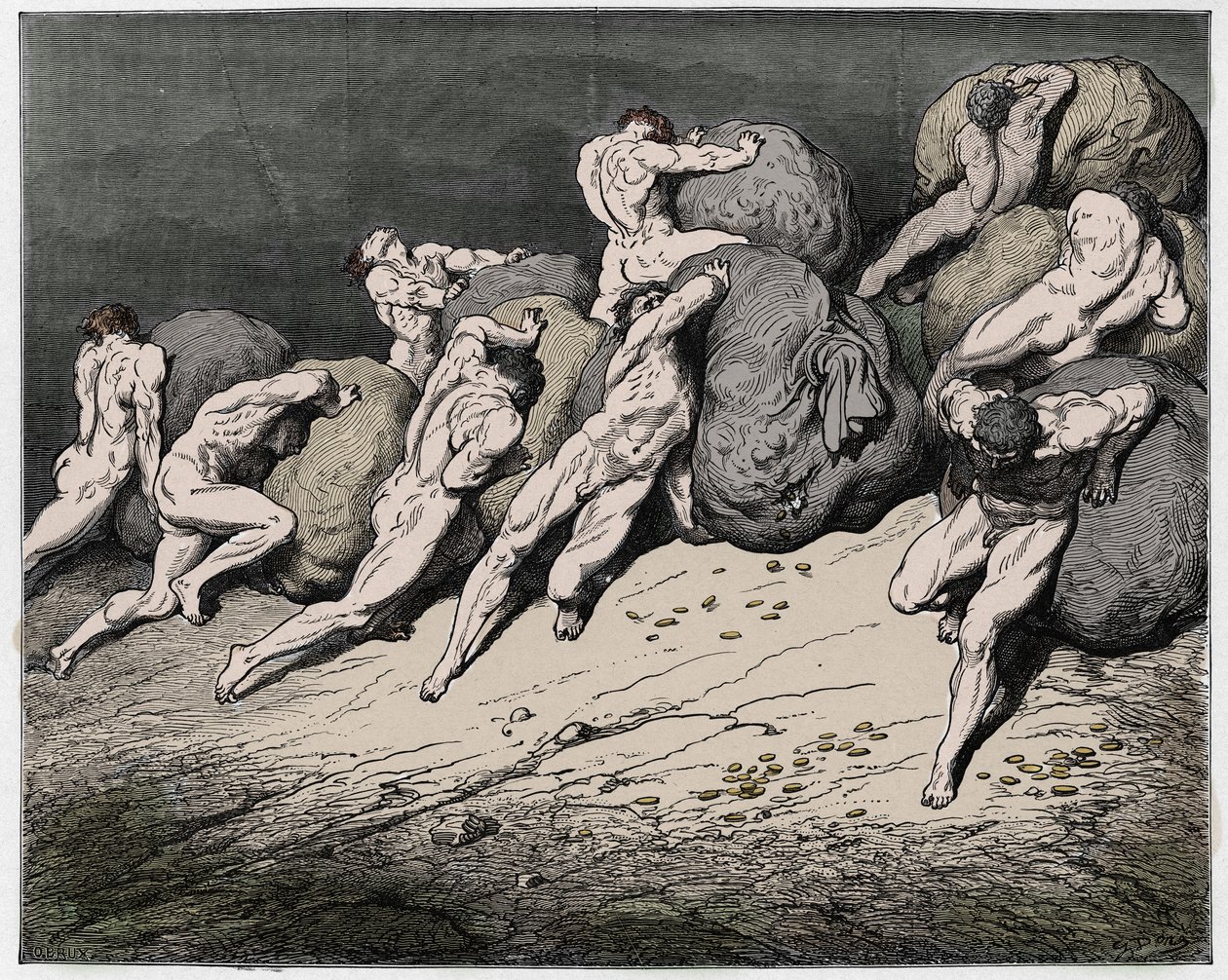 Inferno, Canto 7: Duše lakomců a marnotratníků nucených válet těžké kameny, ilustrace z Božské komedie od Dante Alighieriho, 1885 (digitálně kolorovaná rytina) od Gustave after Dore