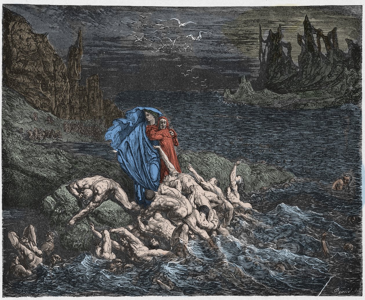Inferno, Canto 7: Virgil ukazuje Dantemu duše hněvivých v Styx, ilustrace z Božské komedie od Dante Alighieriho, 1885 (digitálně kolorovaná rytina) od Gustave after Dore