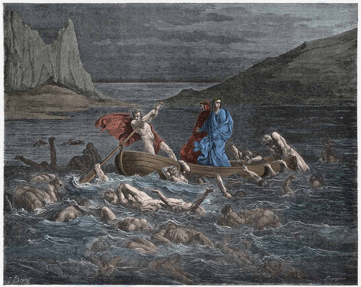 Inferno, Canto 8: Phlegyas (Phlegias) převozy Danta a Virgila přes Styx, ilustrace z Božské komedie od Dante Alighieriho, 1885 (digitálně kolorovaná rytina) od Gustave after Dore