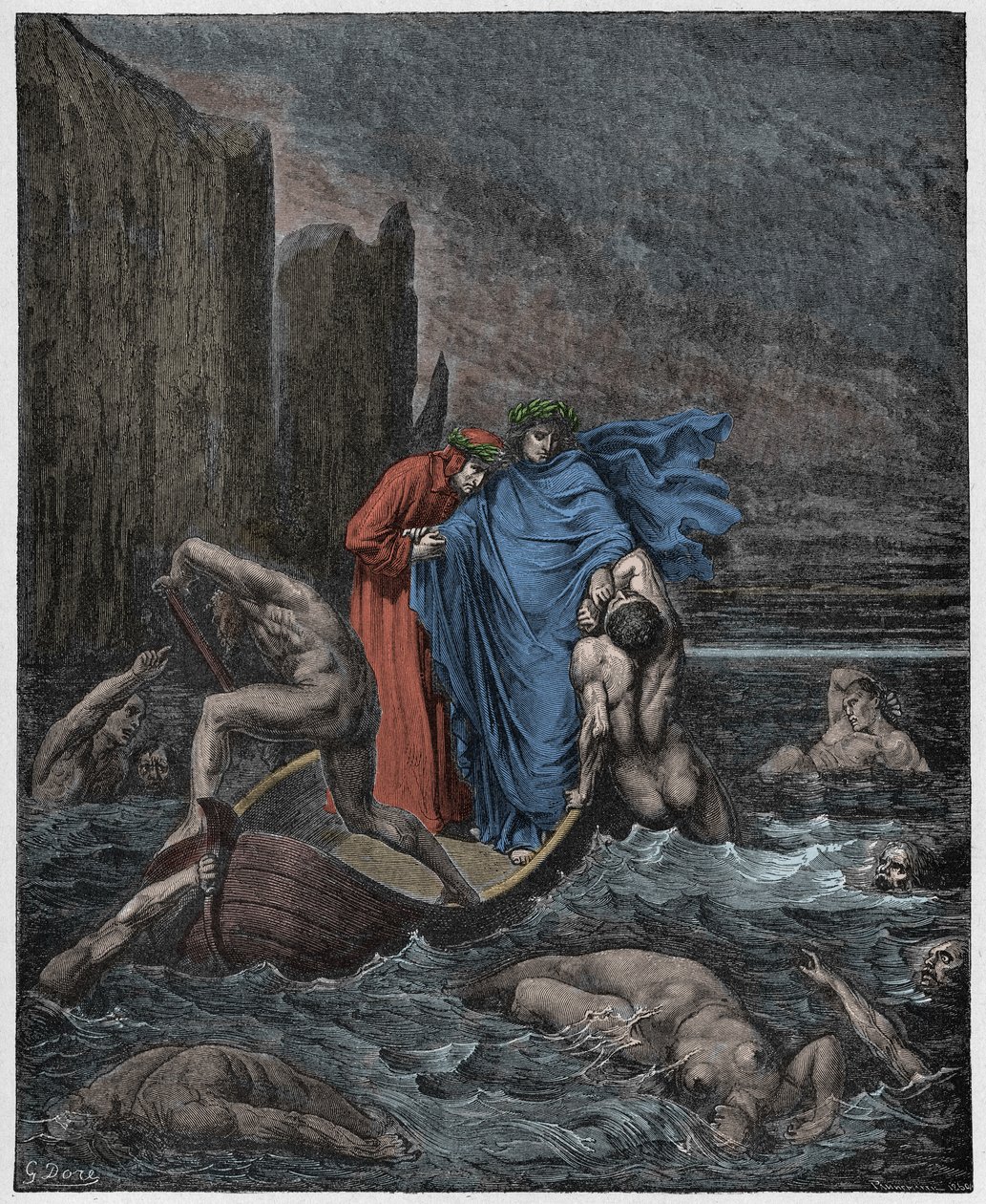 Inferno, Canto 8: Duše Florenťana Philippa Argentiho (Filippo Argenti) napadá básníky na Styx, ilustrace z Božské komedie od Dante Alighieriho, 1885 (digitálně barevná rytina od Gustave after Dore