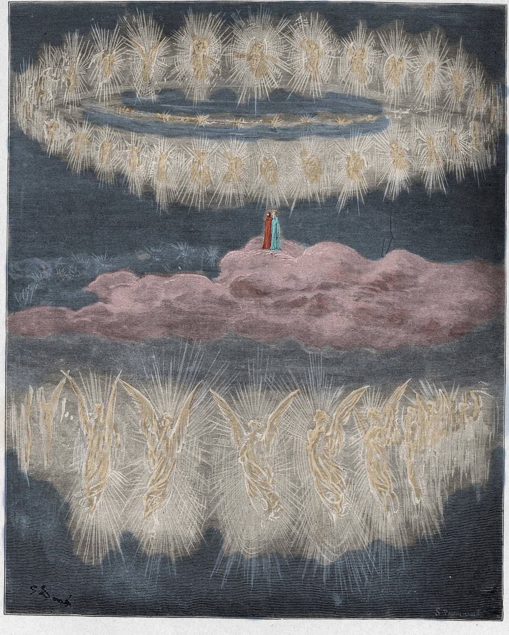 Paradiso, Canto 12: Prsteny oslavených duší na slunci, ilustrace z Božské komedie od Dante Alighieriho, 1885 (digitálně kolorovaná rytina) od Gustave after Dore