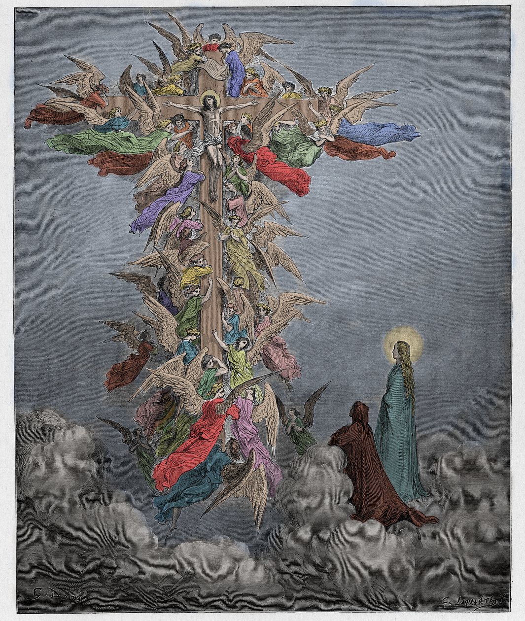 Paradiso, Canto 14: Dante a Beatrice vidí anděly s Kristem na kříži, ilustrace z Božské komedie od Dante Alighieriho, 1885 (digitálně kolorovaná rytina) od Gustave after Dore