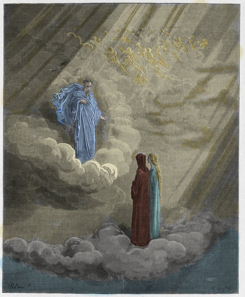 Paradiso, Canto 16: Duše Caddiaguidy mluví o Florencii, ilustrace z Božské komedie od Dante Alighieriho, 1885 (digitálně kolorovaná rytina) od Gustave after Dore