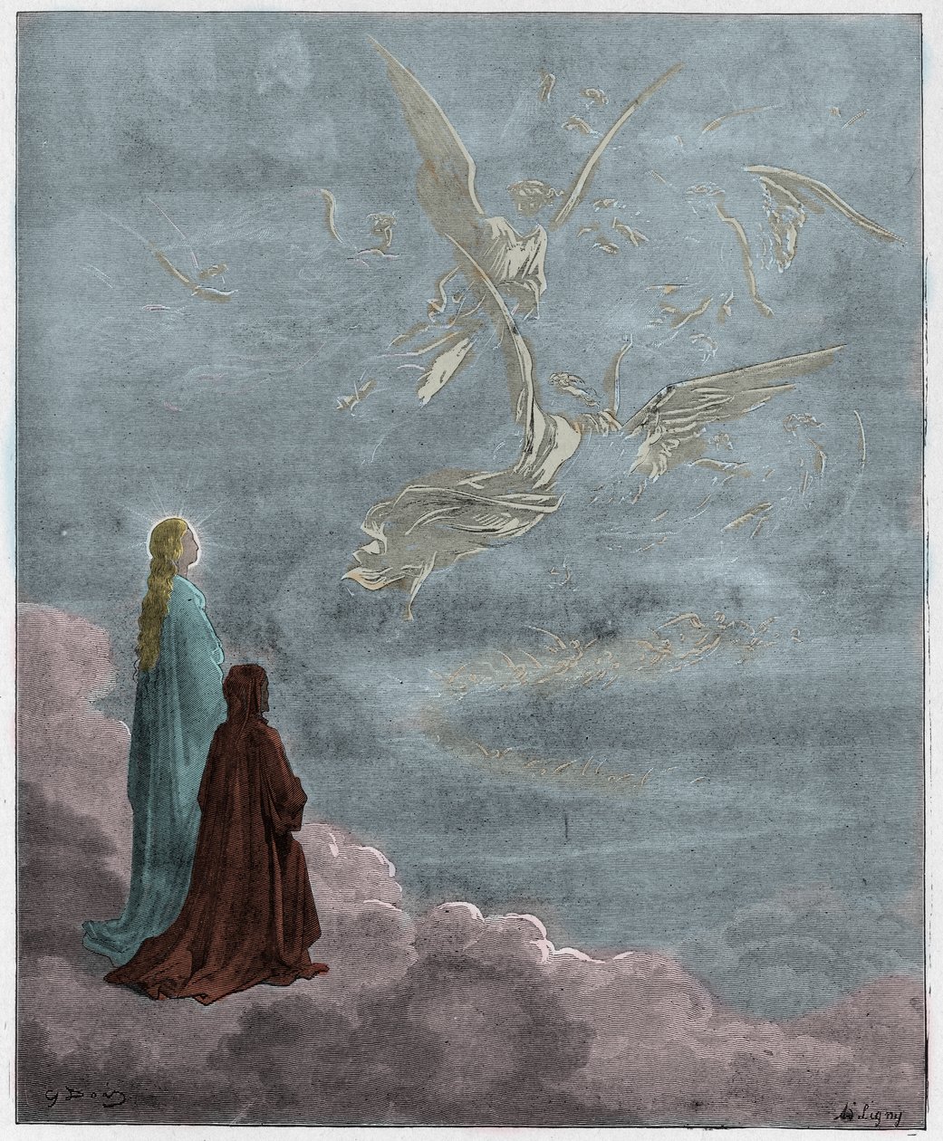 Paradiso, Canto 18: Dante a Beatrice přeloženi do sféry Jupitera, ilustrace z Božské komedie od Dante Alighieriho, 1885 (digitálně kolorovaná rytina) od Gustave after Dore