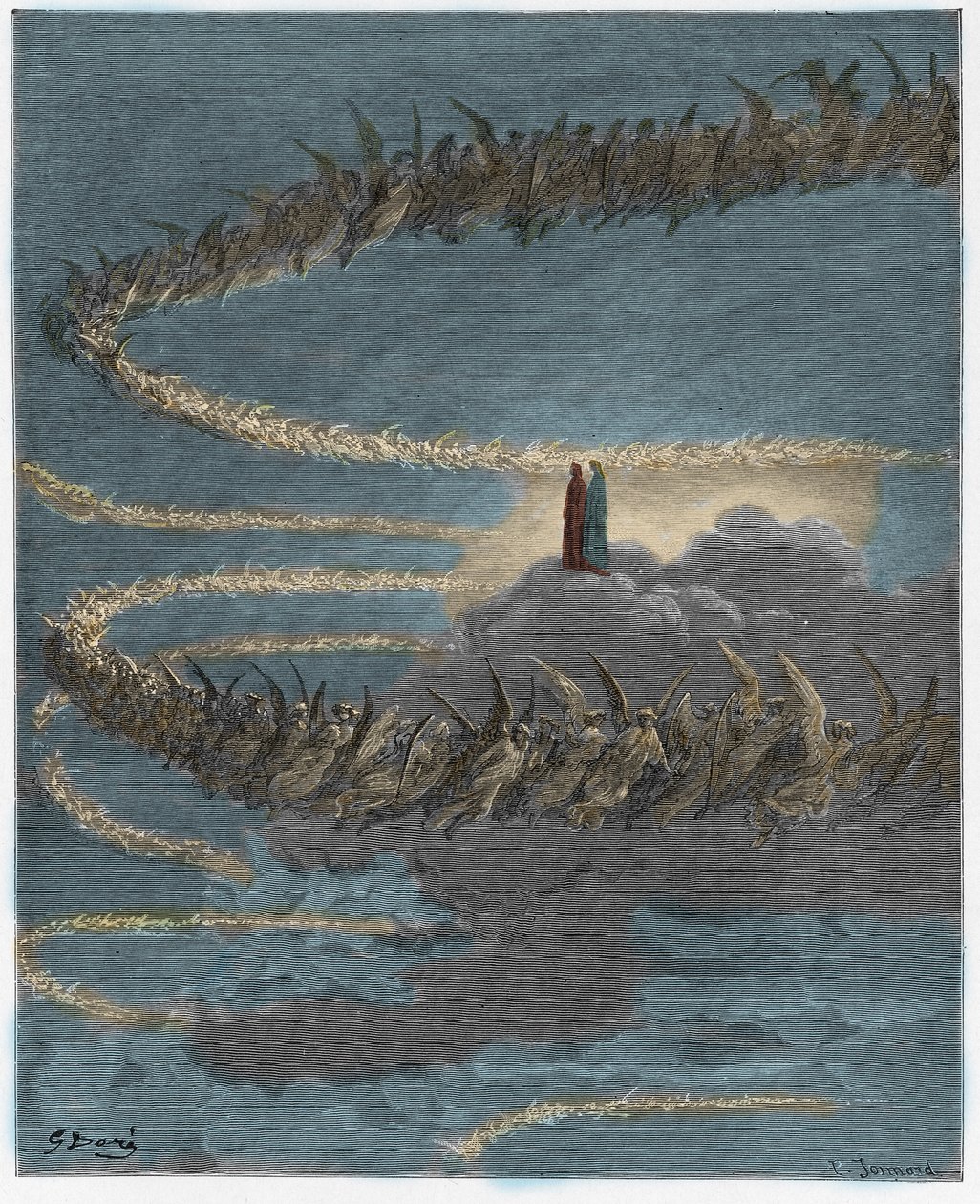 Paradiso, Canto 18: Ve sféře Jupitera požehnané duše krouží a tvoří písmena, ilustrace z Božské komedie od Dante Alighieriho, 1885 (digitálně kolorovaná rytina) od Gustave after Dore