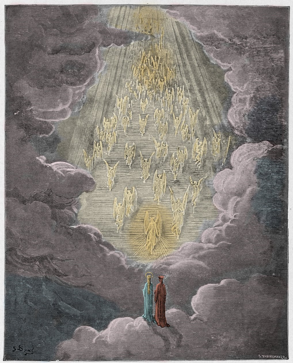 Paradiso, Canto 21: Beatrice a Dante ve sféře Saturnu, ilustrace z Božské komedie od Dante Alighieriho, 1885 (digitálně kolorovaná rytina) od Gustave after Dore