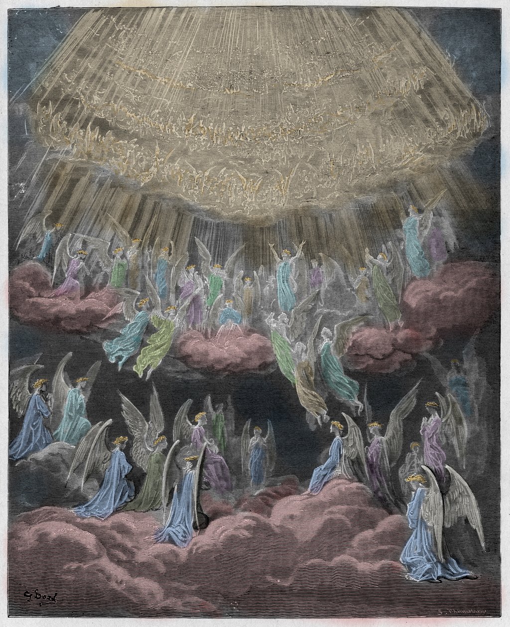 Paradiso, Canto 27: Nebeský hostitel zpívající Gloria In Excelsis Deo, ilustrace z Božské komedie od Dante Alighieriho, 1885 (digitálně kolorovaná rytina) od Gustave after Dore