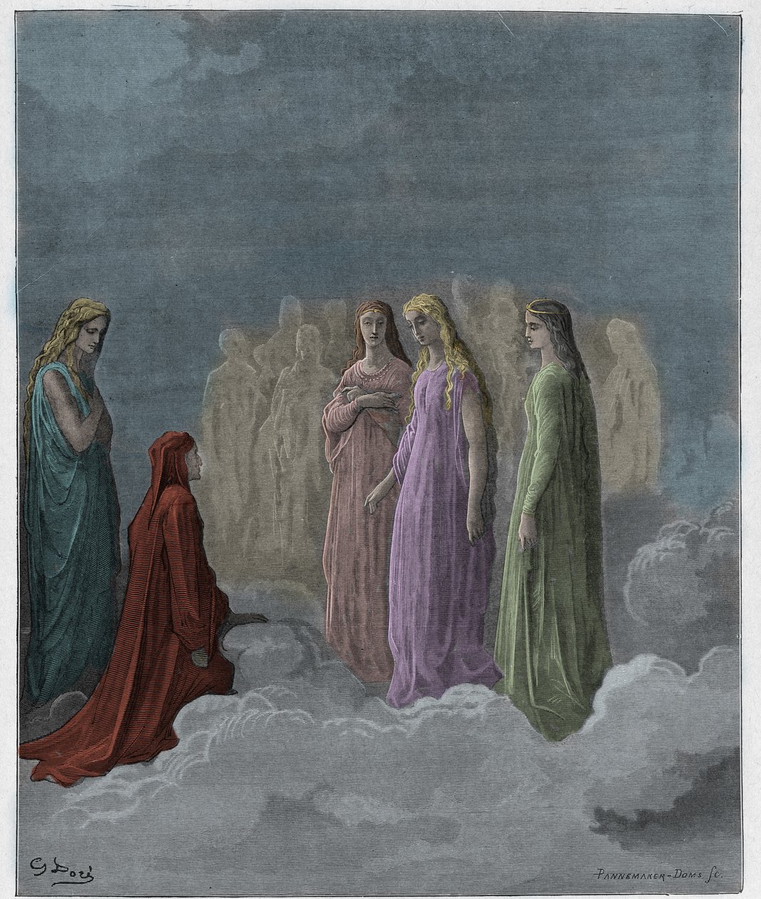 Paradiso, Canto 3: První říše: Piccarda Donati a duše, jejichž sliby byly porušeny, ilustrace z Božské komedie od Dante Alighieriho, 1885 (digitálně kolorovaná rytina) od Gustave after Dore