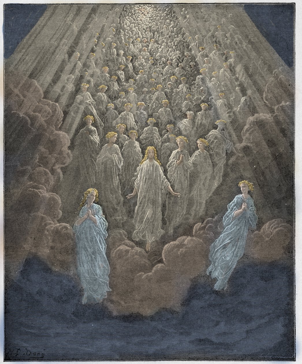 Paradiso, Canto 5: Zástup nesčetných zářících duší ve druhé říši, ilustrace z Božské komedie od Dante Alighieriho, 1885 (digitálně kolorovaná rytina) od Gustave after Dore
