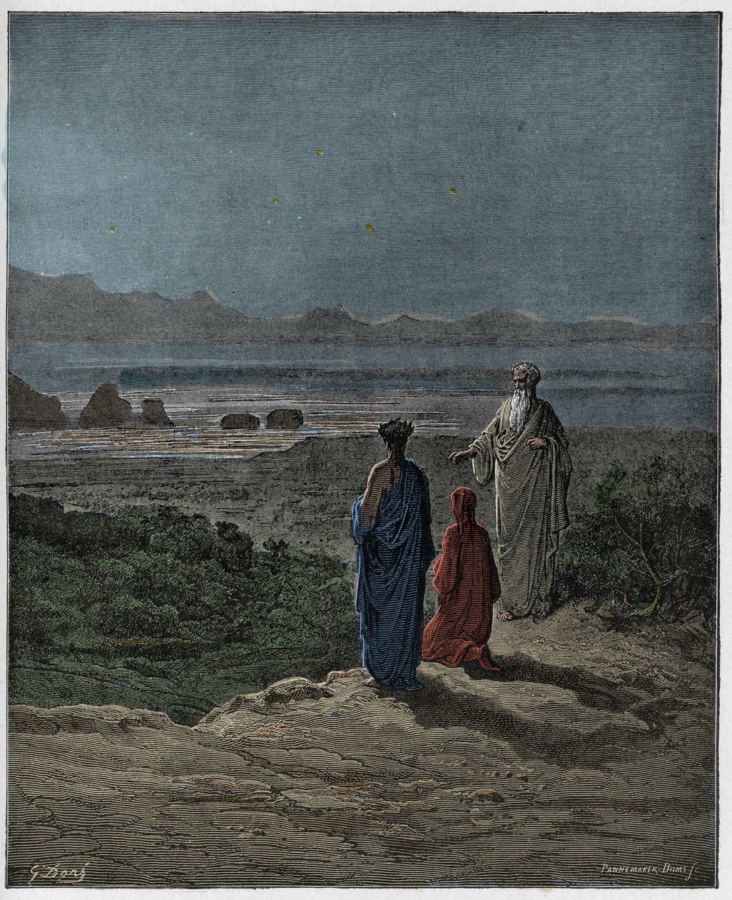 Purgatorio, Canto 1: Dante klečí před Statiem (Stace), ilustrace z Božské komedie od Dante Alighieriho, 1885 (digitálně kolorovaná rytina) od Gustave after Dore