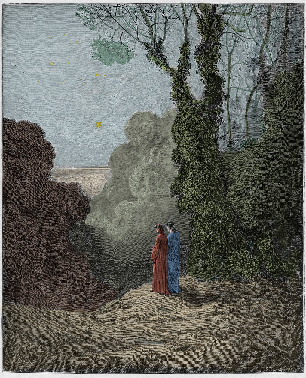 Purgatorio, Canto 1: Básníci vidí krásu Venuše na ranní obloze, ilustrace z Božské komedie od Dante Alighieriho, 1885 (digitálně kolorovaná rytina) od Gustave after Dore