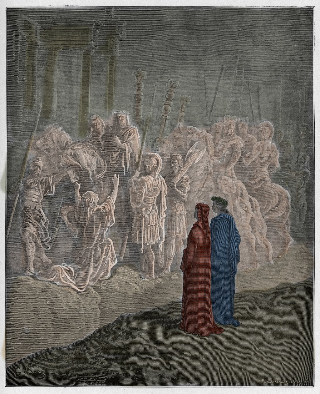 Purgatorio, Canto 10: Mramorové sochy zobrazující hrdost, ilustrace z Božské komedie od Dante Alighieriho, 1885 (digitálně kolorovaná rytina) od Gustave after Dore