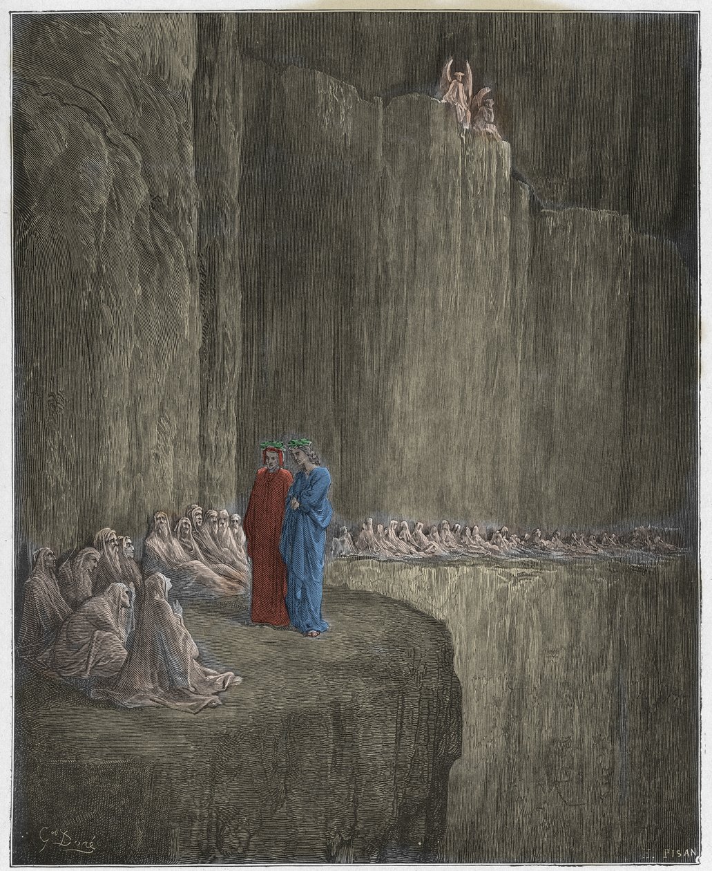 Purgatorio, Canto 13: Sapia očišťuje svůj provinilý život, ilustrace z Božské komedie od Dante Alighieriho, 1885 (digitálně kolorovaná rytina) od Gustave after Dore
