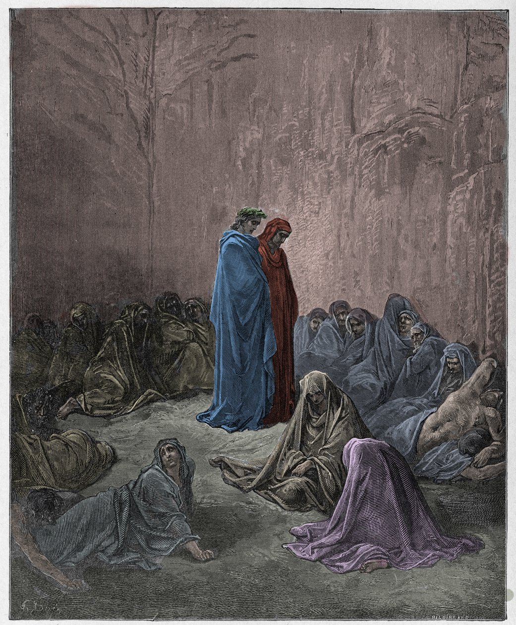 Purgatorio, Canto 13: Duše závistivců, ilustrace z Božské komedie od Dante Alighieriho, 1885 (digitálně kolorovaná rytina) od Gustave after Dore