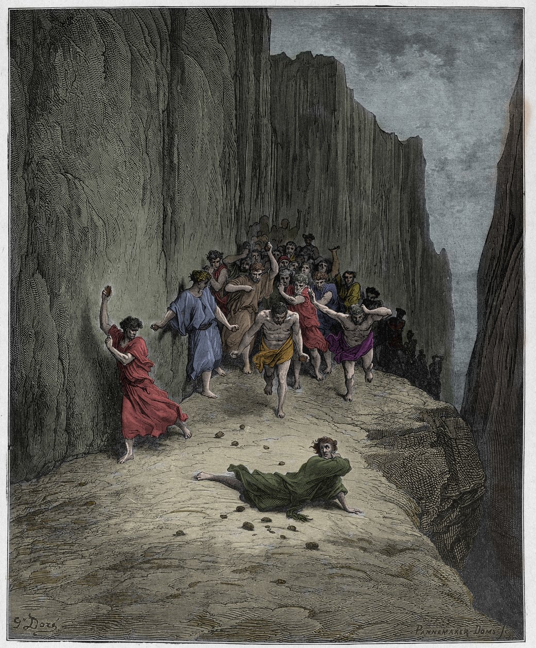Purgatorio, Canto 15: Danteho vize kamenování Štěpána (svatého Etienna), ilustrace z Božské komedie od Dante Alighieriho, 1885 (digitálně kolorovaná rytina) od Gustave after Dore
