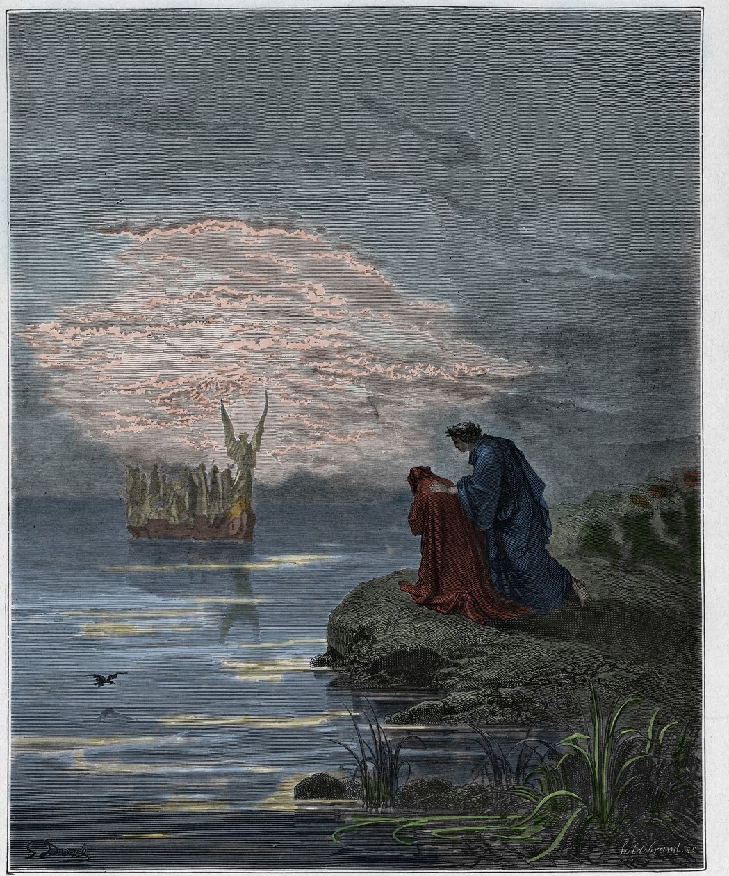 Purgatorio, Canto 2: Dante se klaní před andělským pilotem, ilustrace z Božské komedie od Dante Alighieriho, 1885 (digitálně kolorovaná rytina) od Gustave after Dore