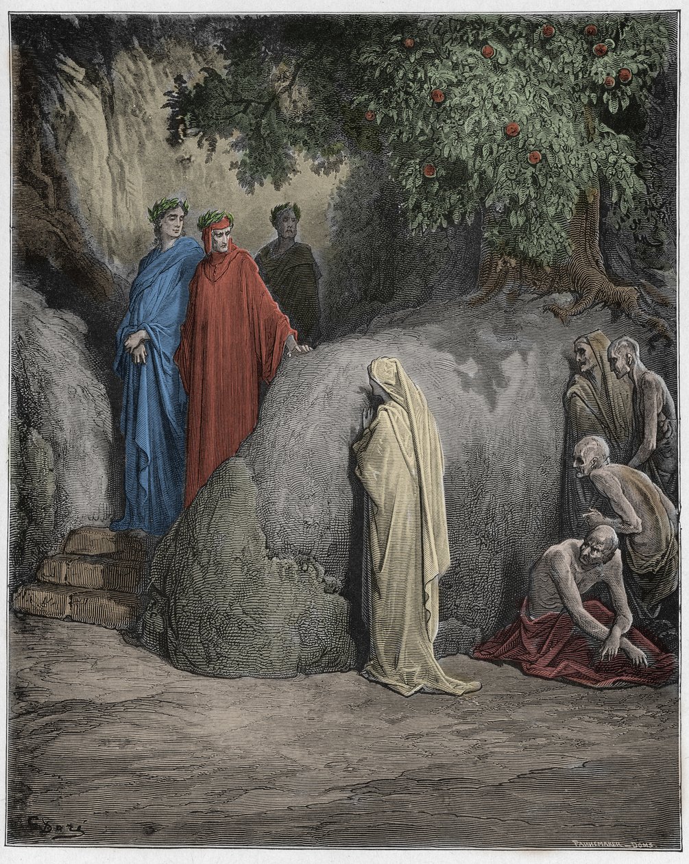 Purgatorio, Canto 23: Dante rozeznává odstín Forese Donatiho mezi žrouty, ilustrace z Božské komedie od Dante Alighieriho, 1885 (digitálně kolorovaná rytina) od Gustave after Dore