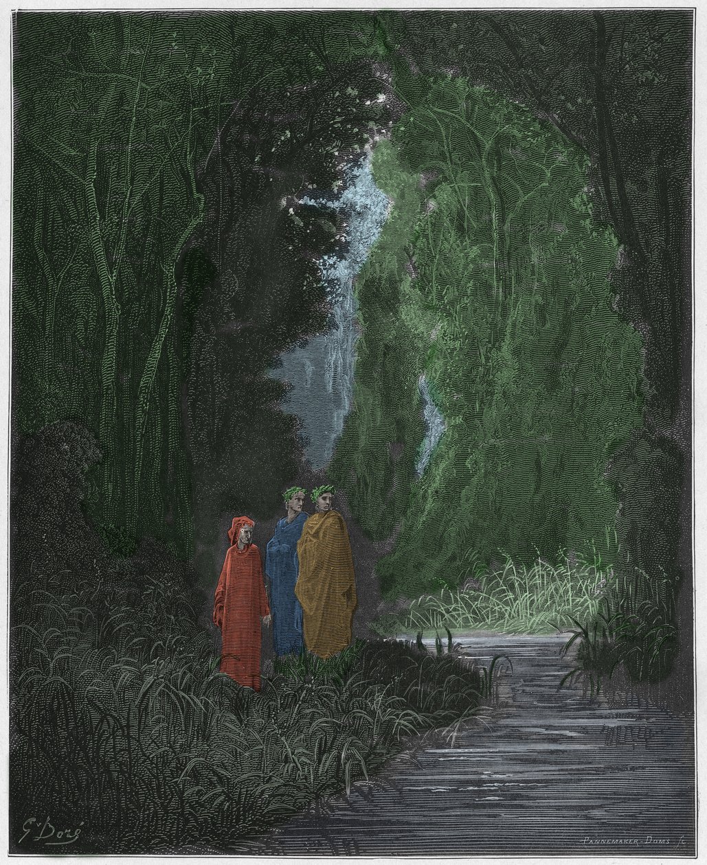 Purgatorio, Canto 28: Dante, Virgil a Statius (Stace) ve starověkém lese pozemského ráje, ilustrace z Božské komedie od Dante Alighieriho, 1885 (digitálně kolorovaná rytina) od Gustave after Dore