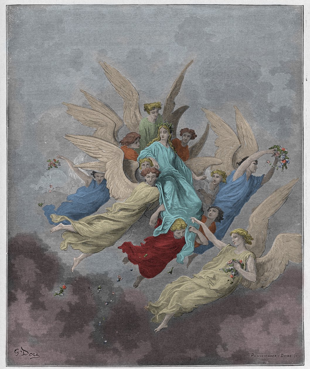 Purgatorio, Canto 30: Beatrice mezi anděly, ilustrace z Božské komedie od Dante Alighieriho, 1885 (digitálně kolorovaná rytina) od Gustave after Dore