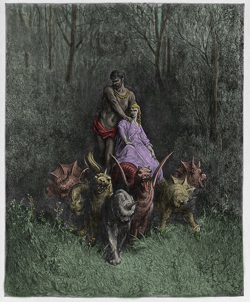 Purgatorio, Canto 32: Obr a nevěstka ve voze, ilustrace z Božské komedie od Dante Alighieriho, 1885 (digitálně kolorovaná rytina) od Gustave after Dore