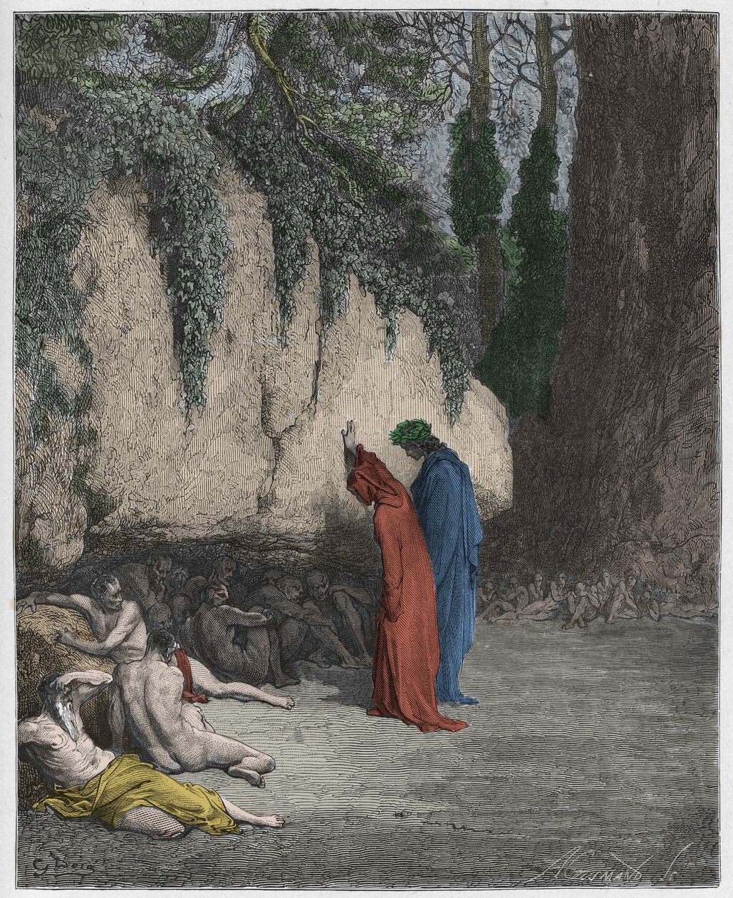 Purgatorio, Canto 4: The Indolent souls around the rock, ilustrace z Božské komedie od Dante Alighieriho, 1885 (digitálně kolorovaná rytina) od Gustave after Dore