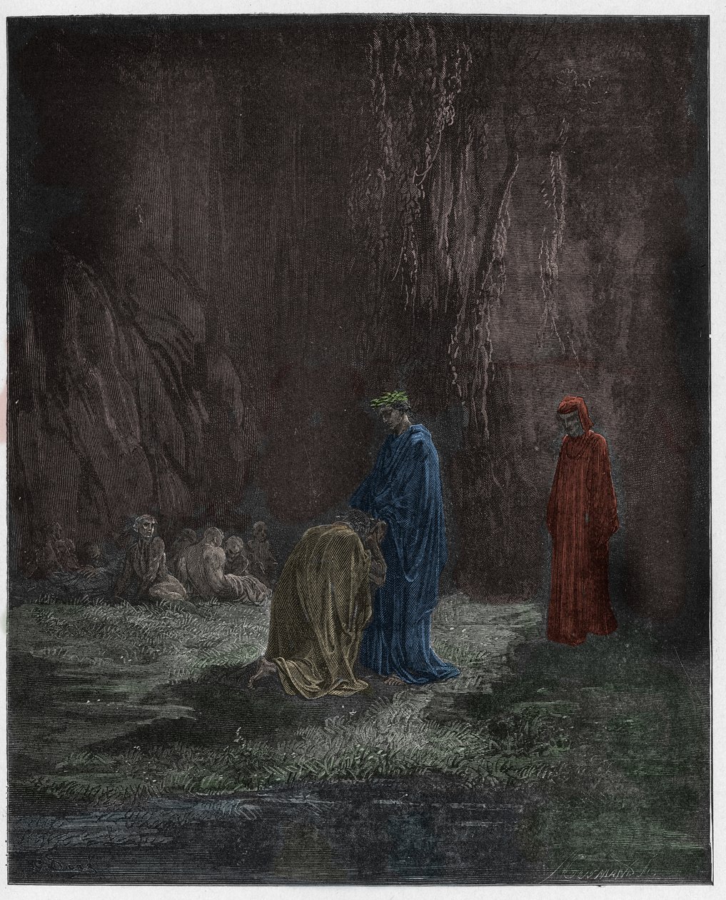 Purgatorio, Canto 7 : Udivený básník Sordello klečí před Vergiliem, ilustrace z Božské komedie Dante Alighieriho, 1885 (digitálně kolorovaná rytina) od Gustave after Dore