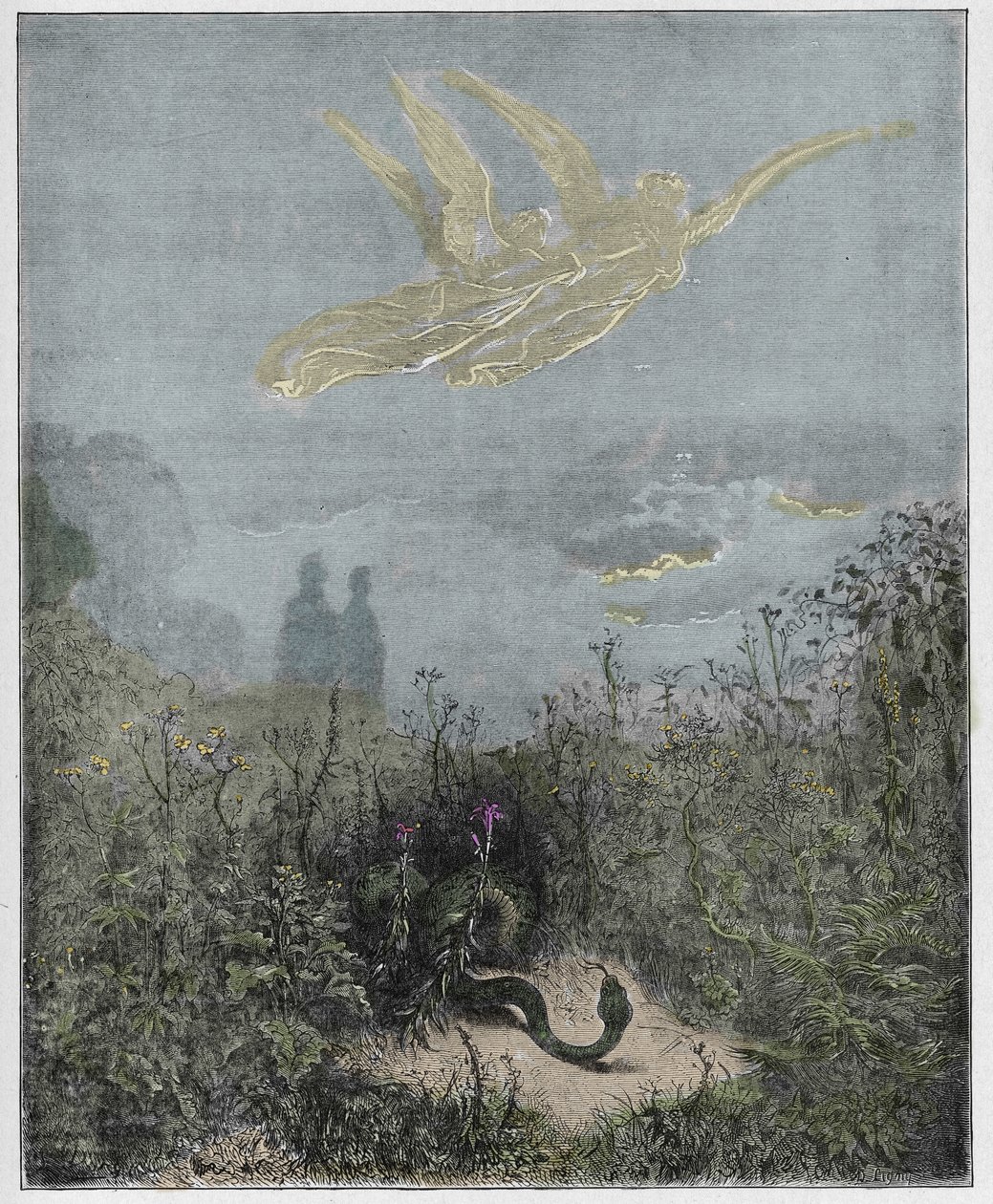 Purgatorio, Canto 8: Andělé odhánějí hada, ilustrace z Božské komedie od Dante Alighieriho, 1885 (digitálně kolorovaná rytina) od Gustave after Dore