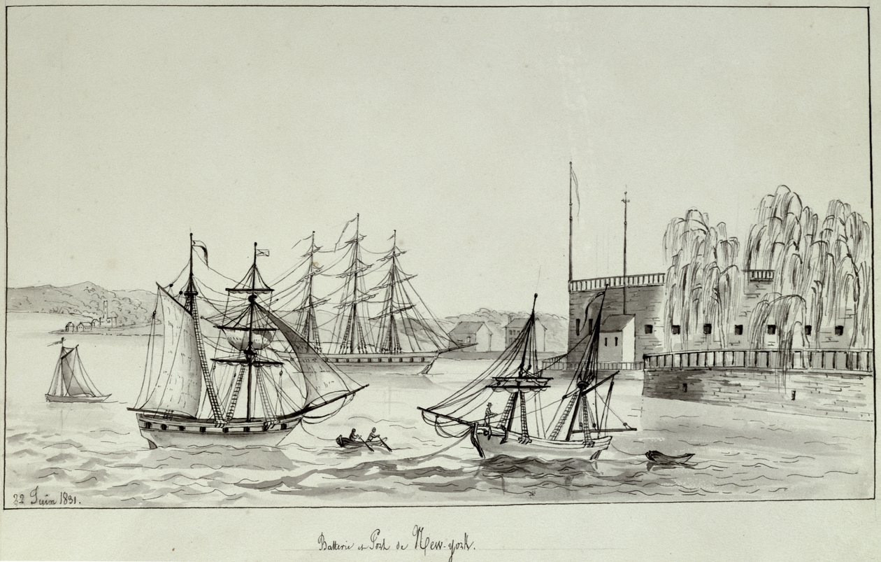 Baterie a přístav New York, 1831 (pero a inkoust a wc na papíře) od Gustave de Beaumont