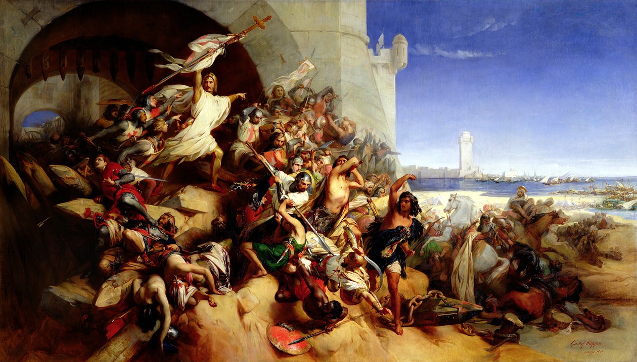 Obrana Rhodosu Foulques de Villaret († 1327) a rytíři svatého Jana Jeruzalémského proti sultánovi Osmanovi I. (1258-1324) (1310-19) 1848 od Gustave Wappers