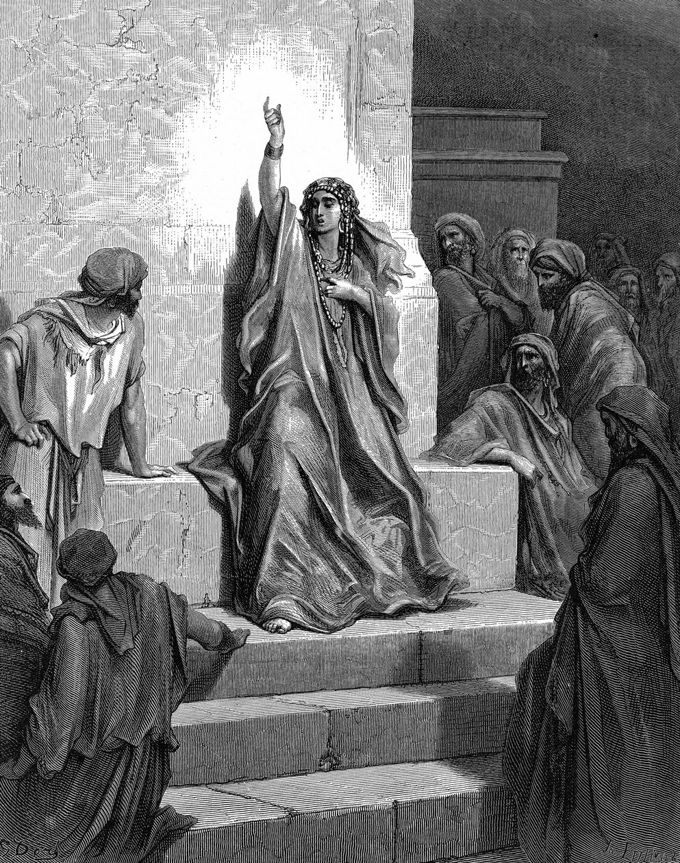 Deborah, hebrejská prorokyně, která vysvobodila svůj lid z Jabina, krále Kanaánu, a jeho vojevůdce Sisery, zpívajíc svou vítěznou píseň. Rozhodčí 5:1. 13. století před naším letopočtem. Z ilustrované Bible Gustava Dorea 1866. Dřevoryt. od Gustave (after) Dore